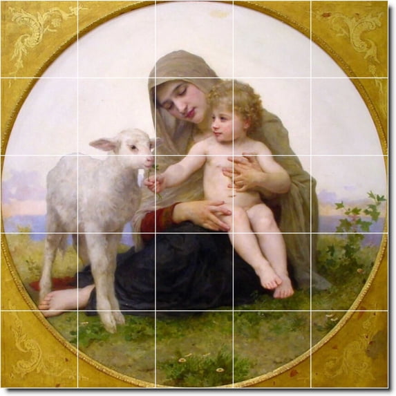 Ceramic Tile Mural-William Bouguereau Mother Child Painting 49. 21.25" w x 21.25" h using (25) 4.25 x 4.25 ceramic tiles