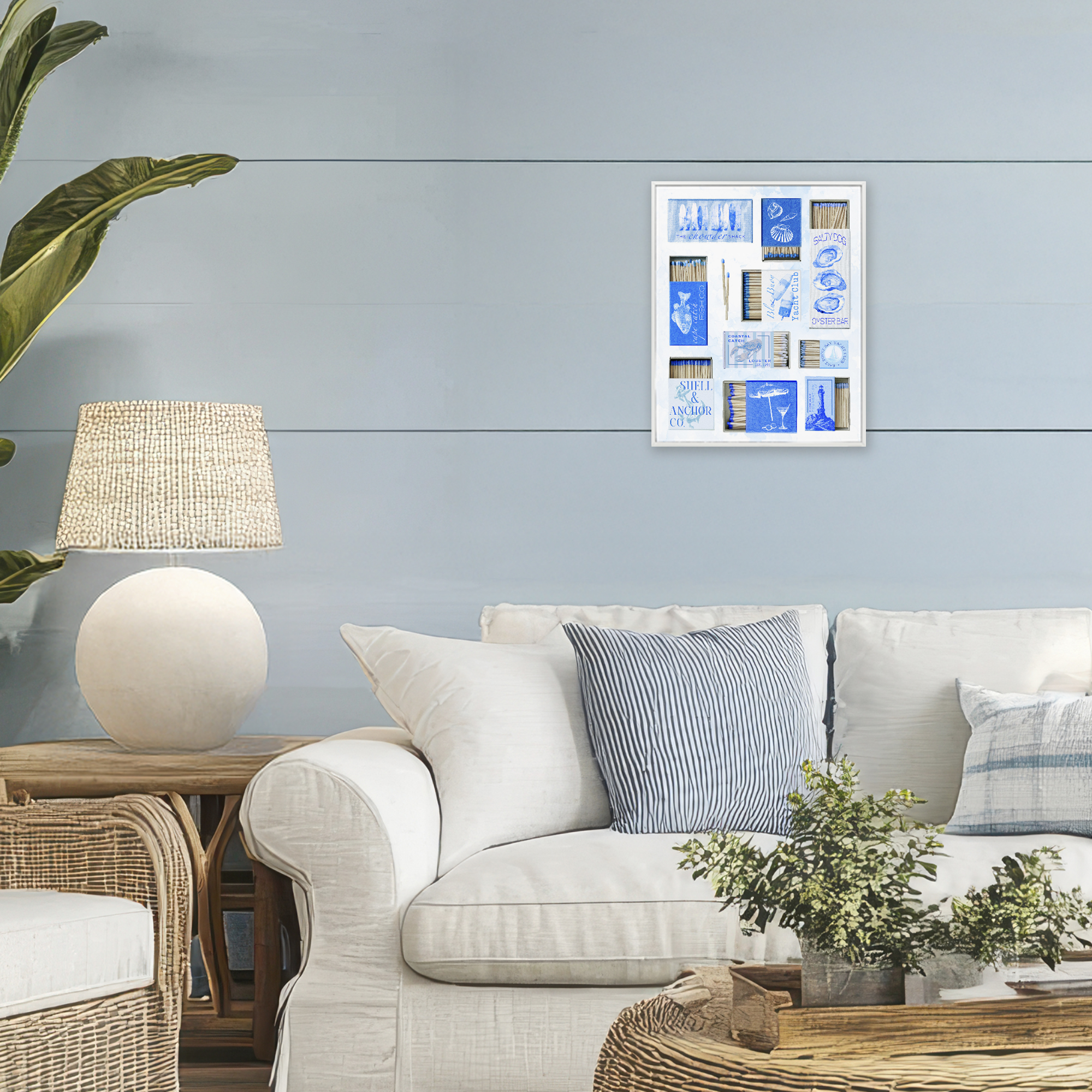Blue Coastal Matchboxes White Framed Giclee Art, design by Ziwei Li