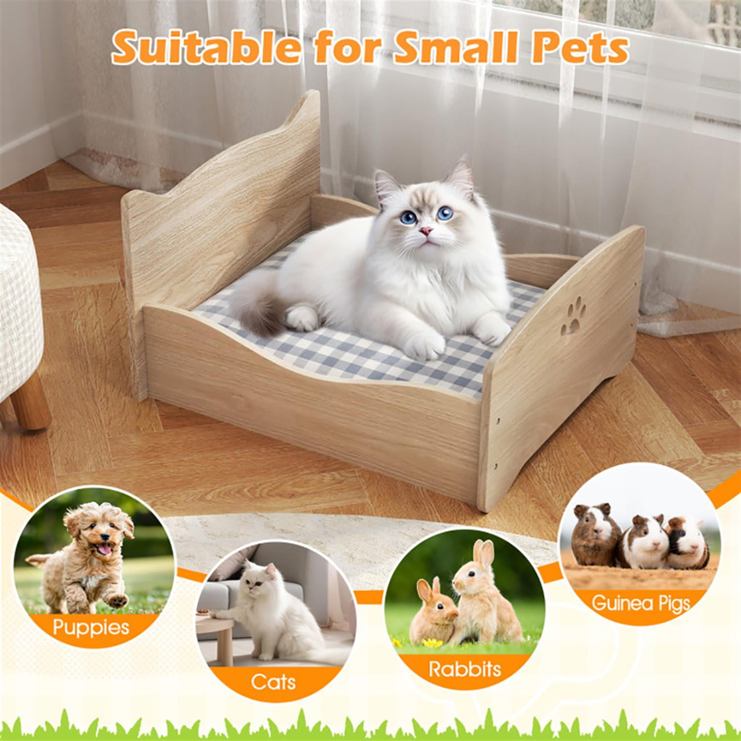 Kadyn 21" Elevated Pet Bed Frame with Rails and Cute Headboards for Indoor Small Pets Such As Puppies Cats Rabbits and Guinea Pigs, Beige