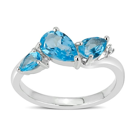 Ice Blue Topaz and White Topaz Swarovski Genuine Gemstone Sterling Silver Rhodium Plated Multi Size Ring