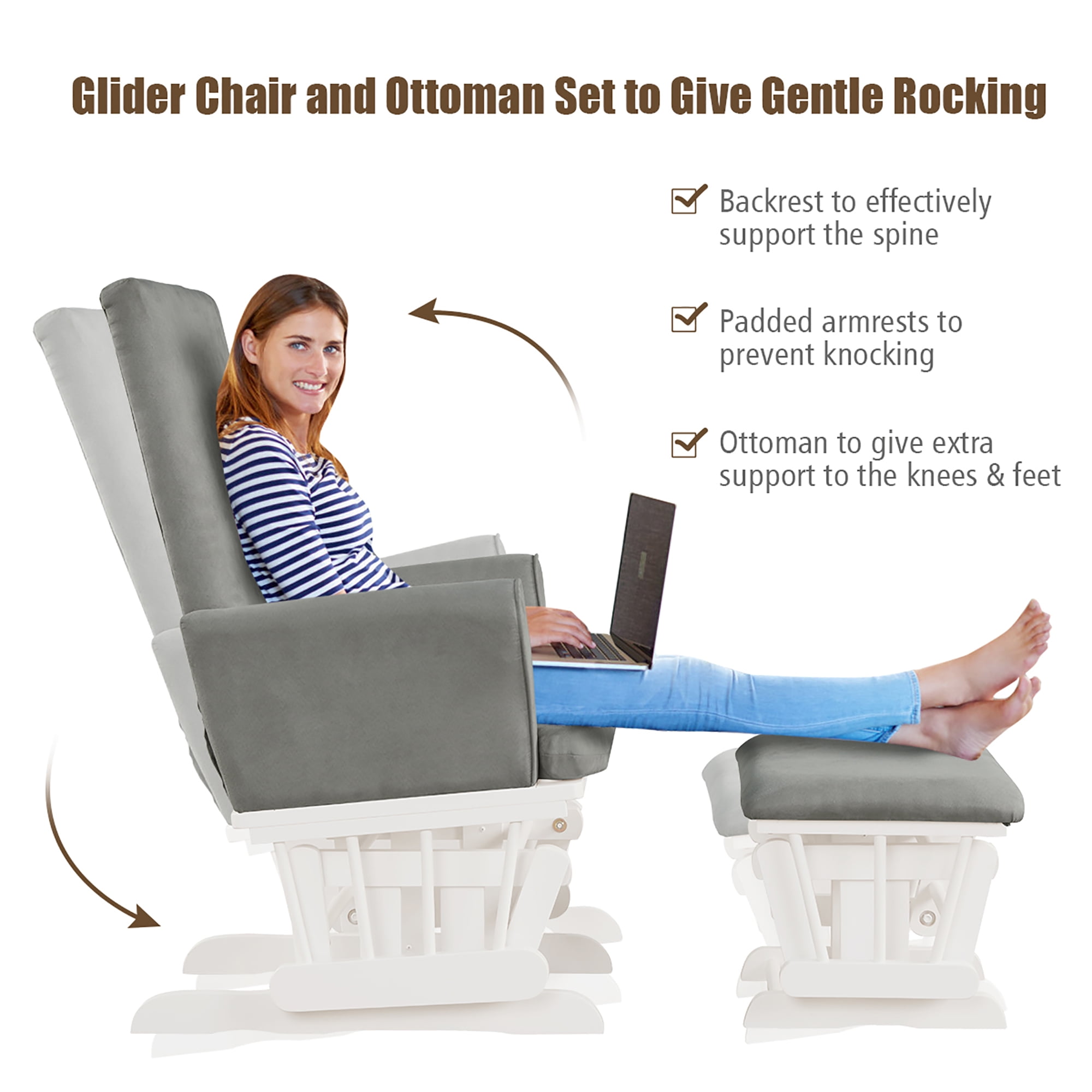 Costway Baby Nursery Relax Rocker Rocking Chair Glider & Ottoman Set w/Cushion 3-6 Years Grey