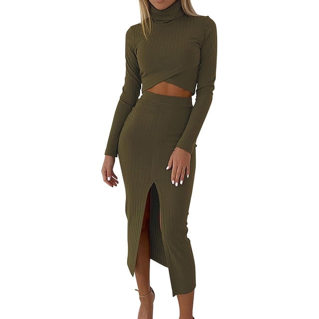 Vestido de punto para mujer, conjunto de dos piezas, top de cuello alto y falda de punto, falda lápiz, conjunto de 2 piezas ajustado elástico, vestido de suéter, vestido de otoño, vestido