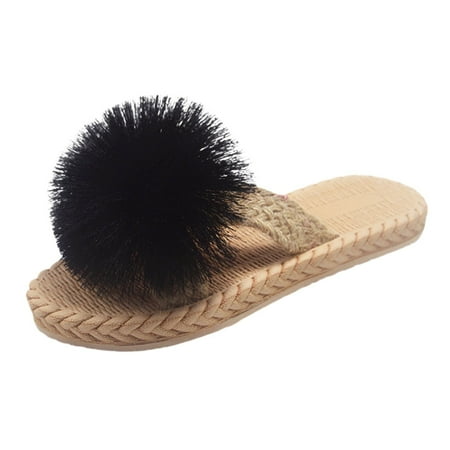 

uikmnh Women Slippers Spring And Summer Imitation Straw Woven Women Flat Sandals And Flip Flops Fringe Ball Beach Slippers Black 7.5