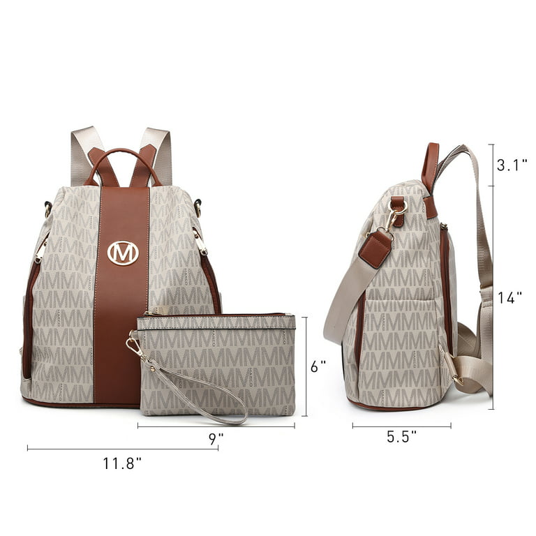 MKP Women Fashion Double Zipper Medium Backpack Purse PU Leather Ladies  Travel Shoulder Bag Set 2Pcs