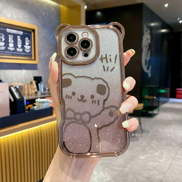 For iPhone 16 Pro Case Cute Bear Electroplating TPU Phone Cover with Gradient Glitter Paper - Green