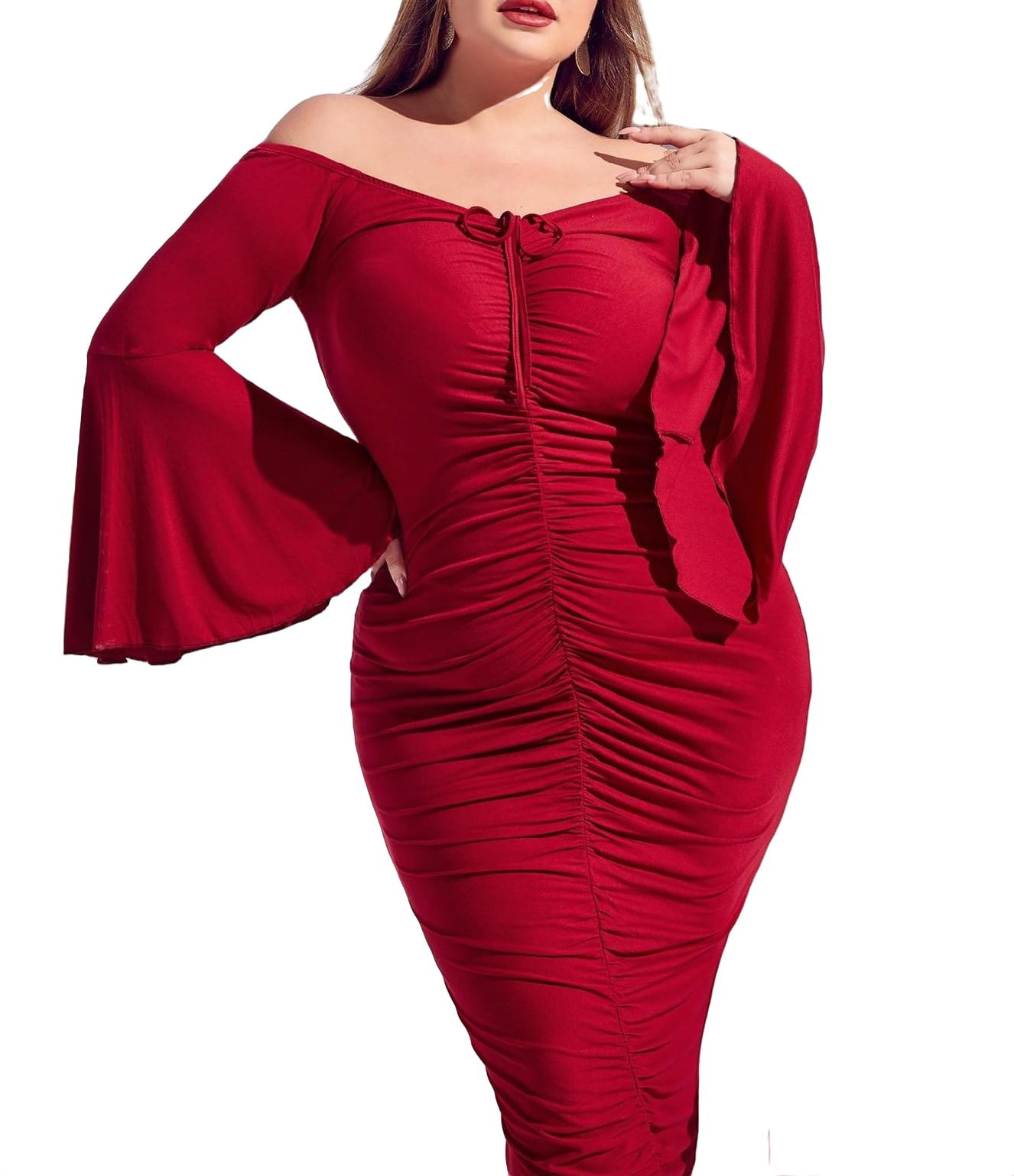 Women's Elegant Red Off the Shoulder Bodycon Long Sleeve Plus Size Dresses -