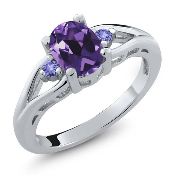Gem Stone King 925 Sterling Silver Purple Amethyst and Blue Tanzanite 3 Stone Engagement Ring for Women | 1.08 Cttw | Oval 8X6MM | Round 2MM | Gemstone February Birthstone | Size 5