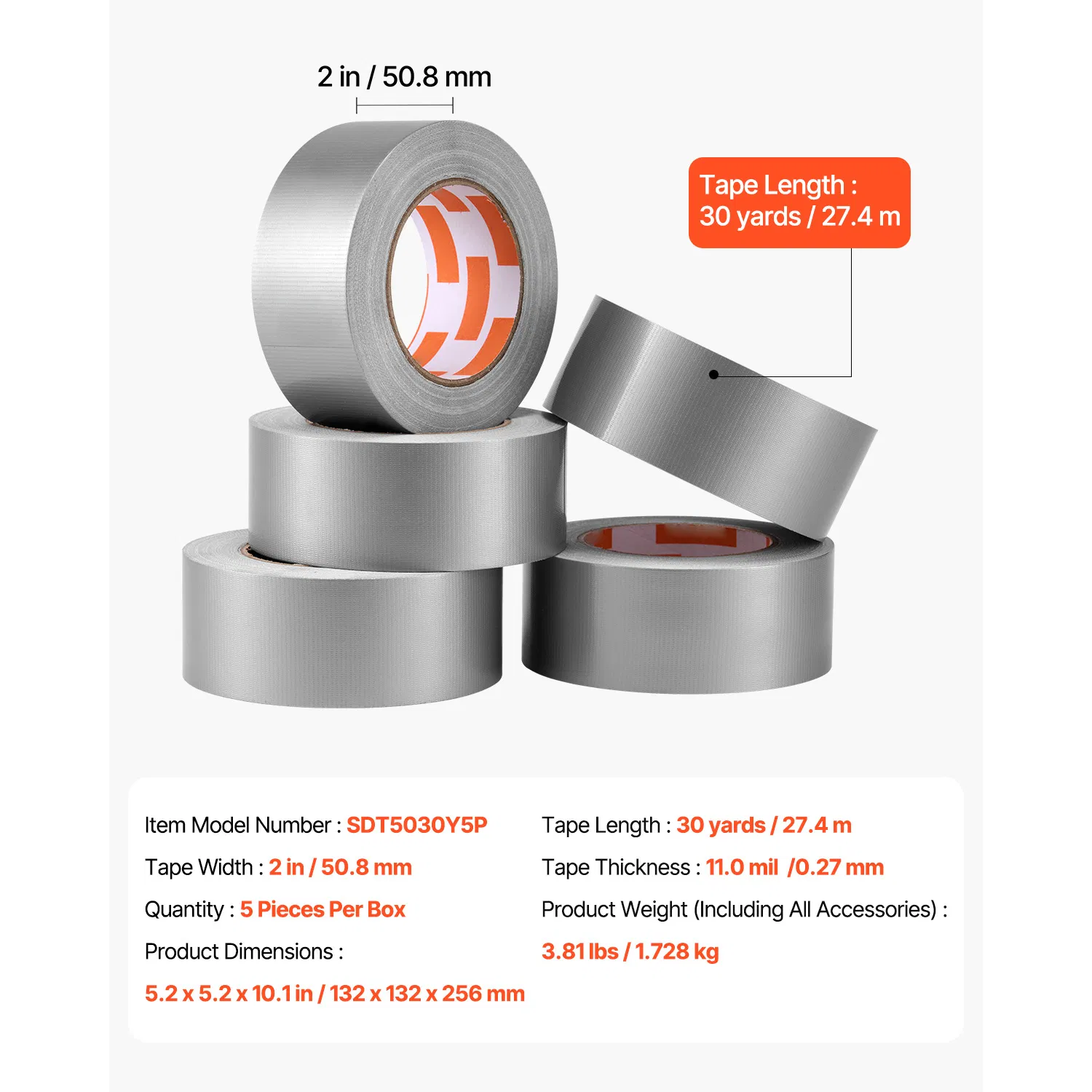5-Pack Heavy Duty Duct Tape 2 inchesx30 Yards,Waterproof,No Residue,Strong Adhesive,Tear by Hand,Indoor Outdoor Repair,Industrial All Weather Silver