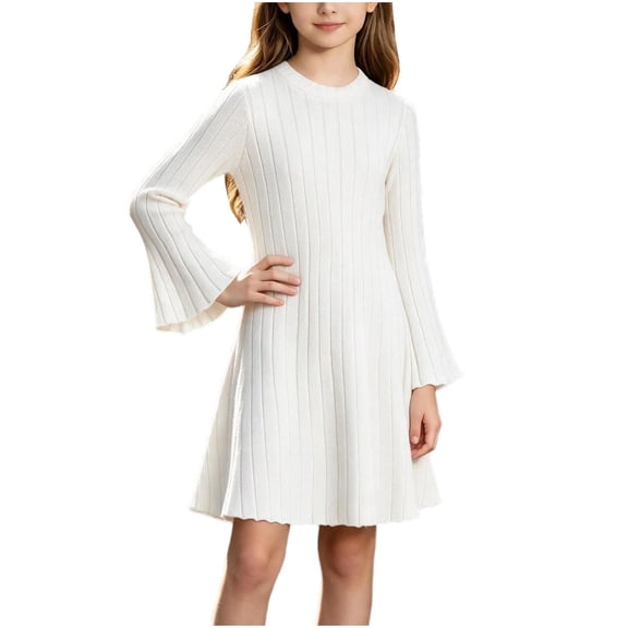 Krayuyo Girls Casual Dresses Bell Long Sleeve Knit Dress Big Girls Soft Fall Winter Flowy Dresses 5-15 Years