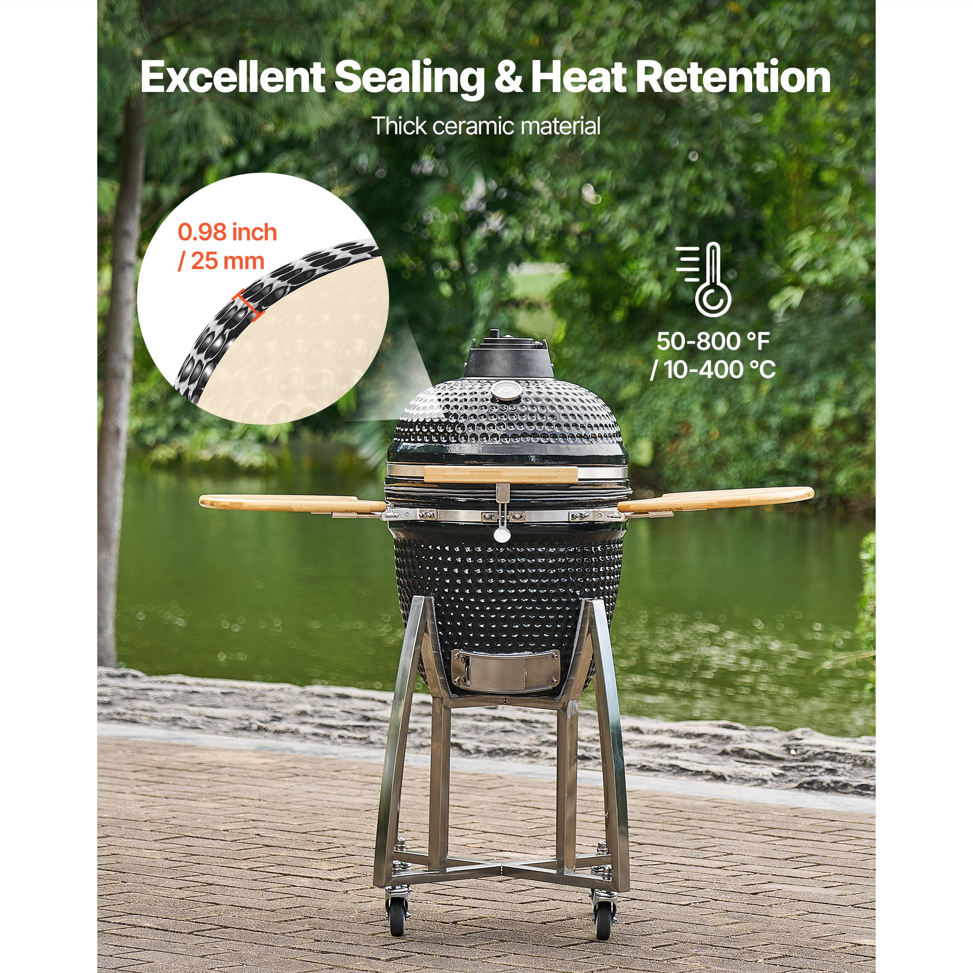 KFFKFF 18" Charcoal BBQ Smoker and Grill, Portable Ceramic Barbecue with Wheels, Built-in Thermometer, and Side Shelves for Outdoor Cooking