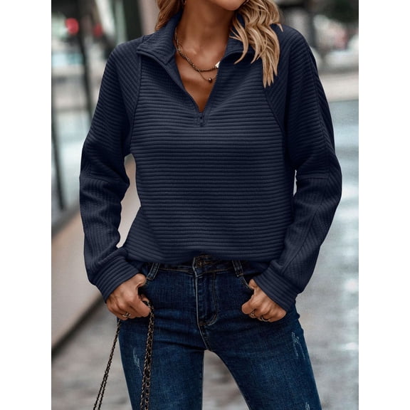 Zpanxa Women's Solid Color Half Zip Sweatshirt, Long Sleeve Hoodless Pullover Top with a Modern Crewneck for Casual Comfort Blue S