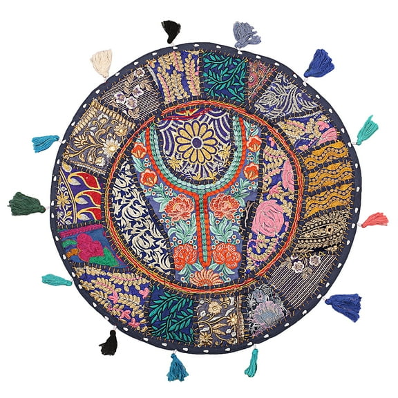 Stylo Culture Ethnic Floor Pillow Cover Vintage Patchwork Round Bohemian Seating Dark Blue 22x22 Large Pillows Decorative Decor Seating Tuffet Seat Pouf Cover Footstool Cotton Embroidered 1 Pc