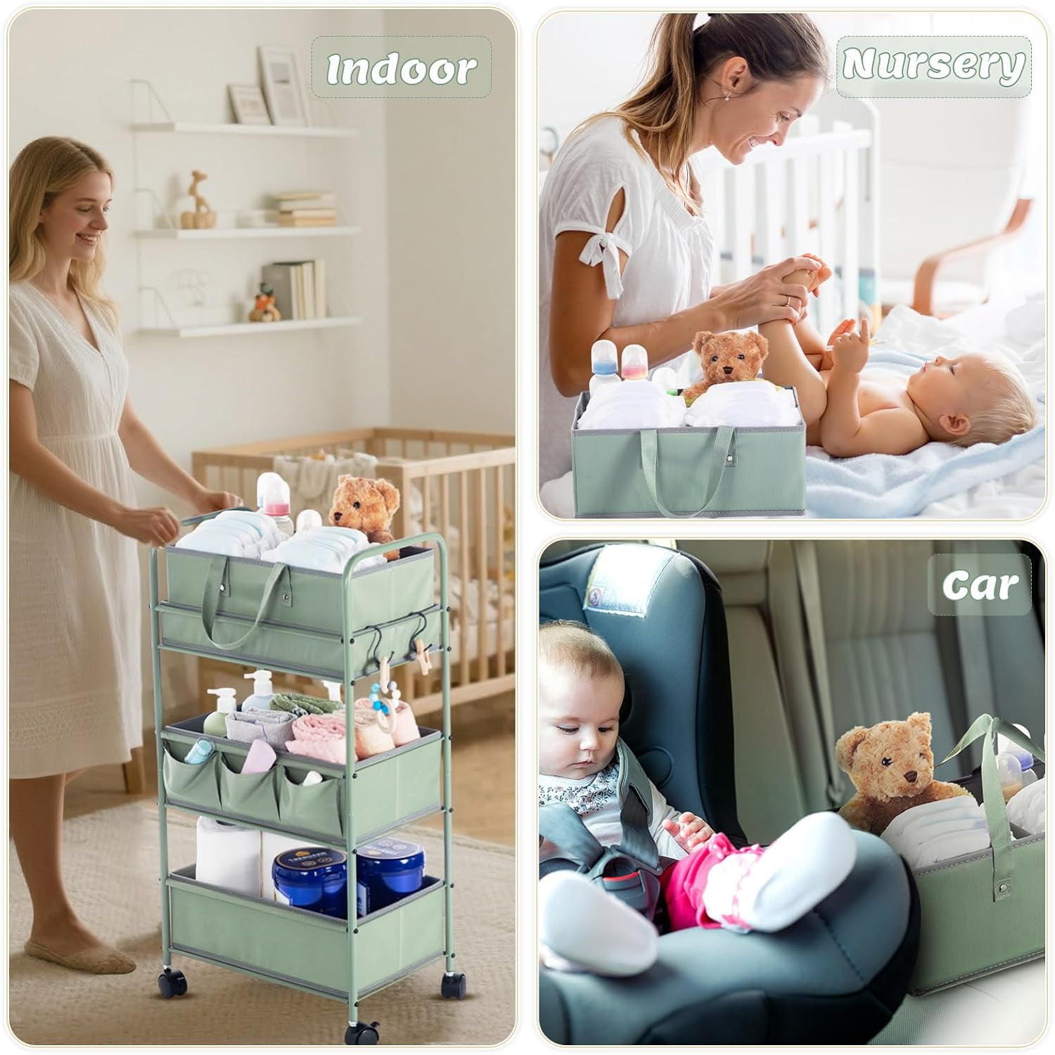 2in1 Baby Diaper Caddy Organizer Cart 3 Tier Large Capacity Metal Utility Bedside Rolling Cart with Divider Newborn Registry Nursery Essential Must Have Crib Bedroom Baby Shower(Colorful)