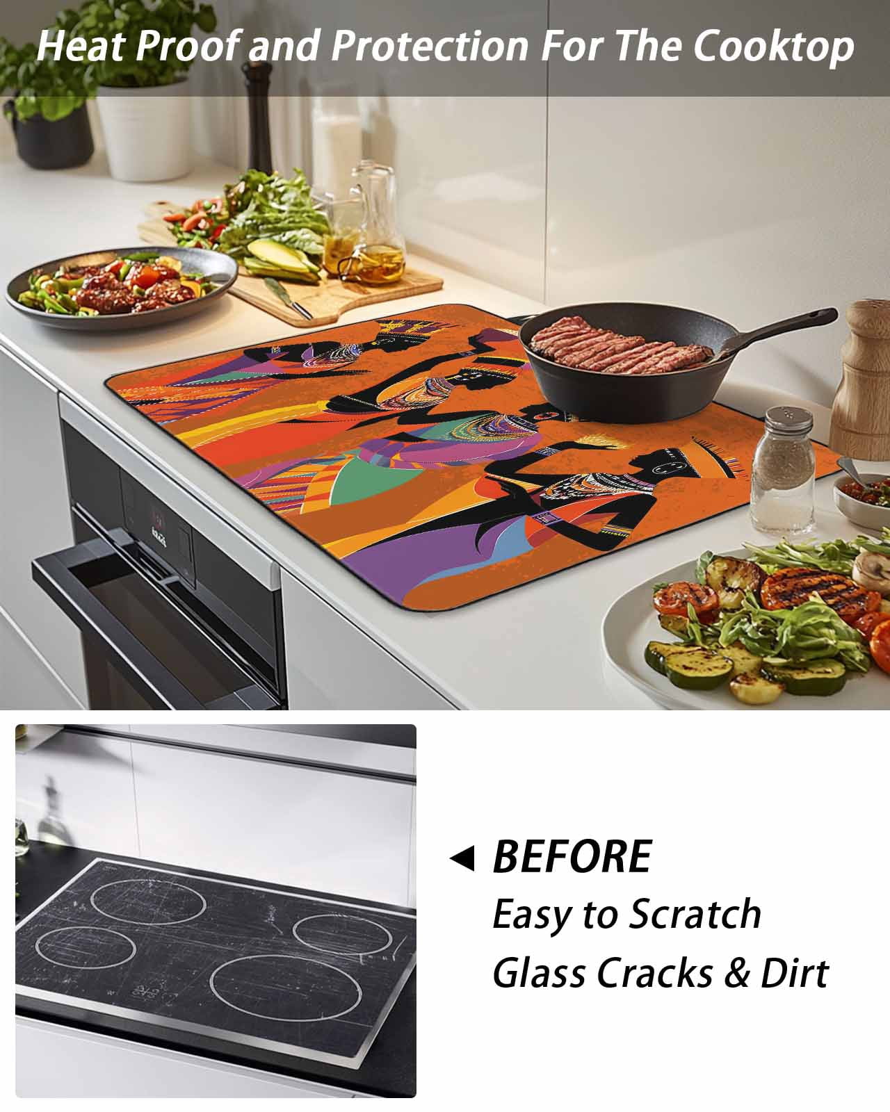 Stove Top Covers for Electric Stove, Black Orange Girls Boho Glass Stovetop Cover Protector, Retro Ethnic Abstract Art Induction Cooktop Protector Oven Mat for Kitchen Countertop 24"x21"