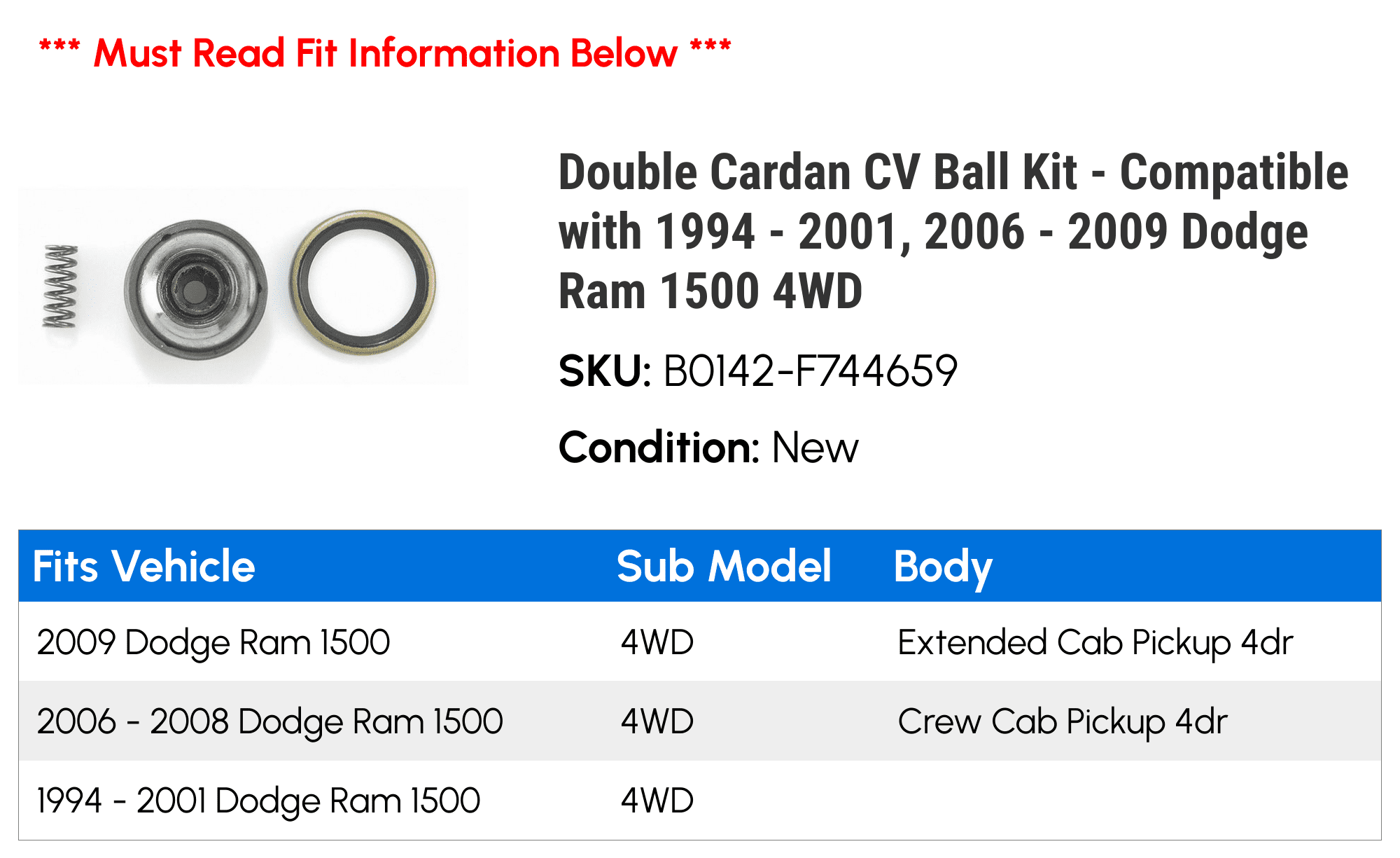 Double Cardan CV Ball Kit - Compatible with 1994 - 2001, 2006 - 2009 Dodge  Ram 1500 4WD 1995 1996 1997 1998 1999 2000 2007 2008 - Walmart.com