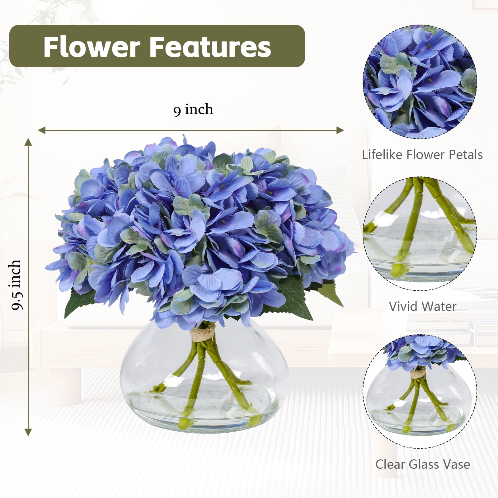 1PC Hydrangea Artificial Flowers-Hydrangea Artificial Flower Arrangement in Clear Glass Vase, Faux Hydrangea Bouquet with Realistic Water – Table Centerpiece for Home Decor,Blue