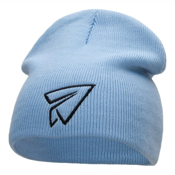 Paper Plane Outline Embroidered Short Knitted Beanie - Lt Blue OSFM