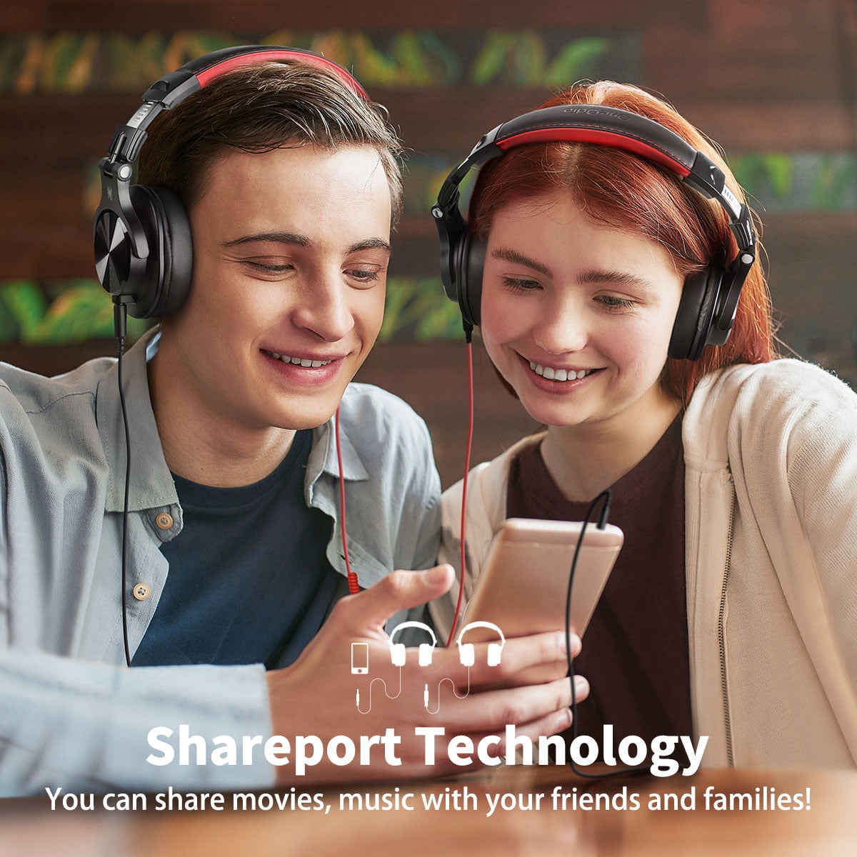 OneOdio Wired Headphones Over-Ear Headset with Mic Long Cords & Dual Plugs & Shareports for TV PC Phones-A71 Red