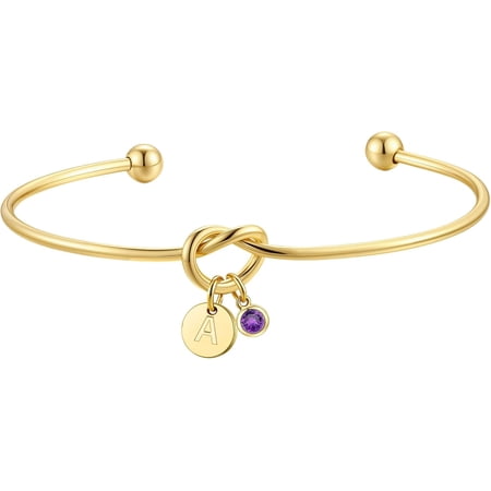 Easter Basket Stuffers for Women, Dainty 14K Gold Plated 12 Months Disc Initial A-Z Birthstone Heart Knot Bangle Bracelet Birthday Bridesmaid Jewelry Easter Gifts for Women Girls