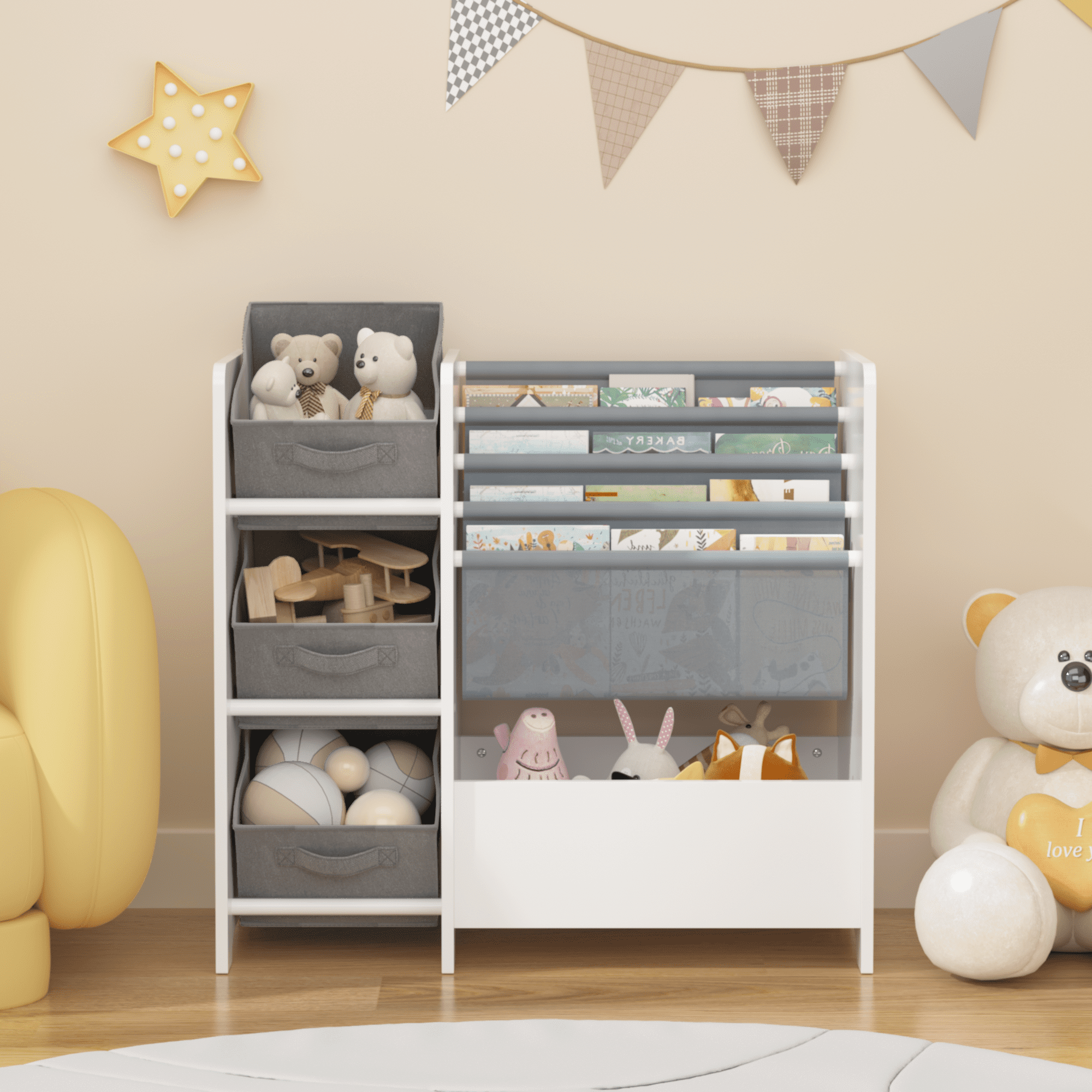 4-Tier Kids Bookshelf with 3 Fabric Drawers - White Toy & Book Storage Organizer for Nursery (25.59" X 11.81")