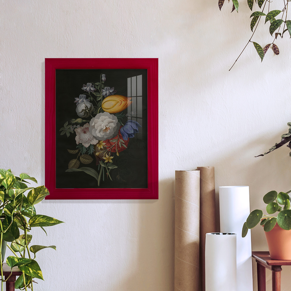 Dramatic Bouquet III -Framed Print w/glass-Cherry Red