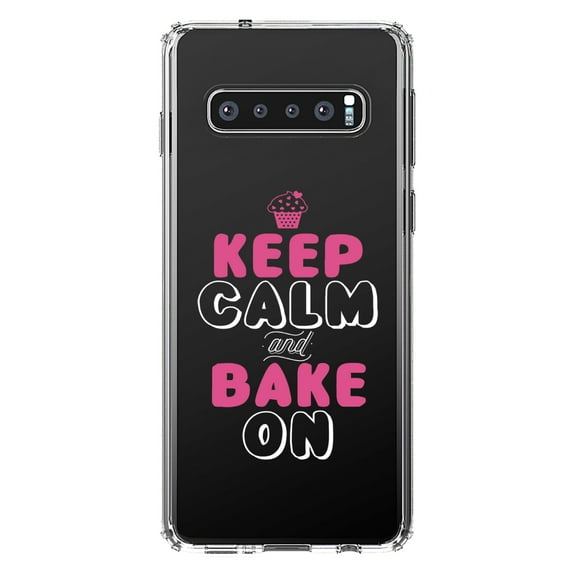 DistinctInk Clear Shockproof Hybrid Case for Samsung Galaxy S10 (6.1" Screen) - TPU Bumper Acrylic Back Tempered Glass Screen Protector - Keep Calm and Bake On