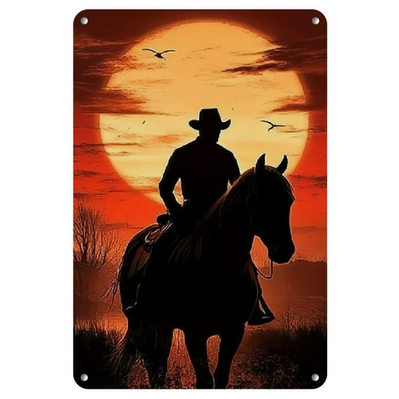 Vintage Western Cowboy Riding Horse Silhouette Metal Sign - Weatherproof Wall Art for Home & Outdoor Decor, 8x12 Inches