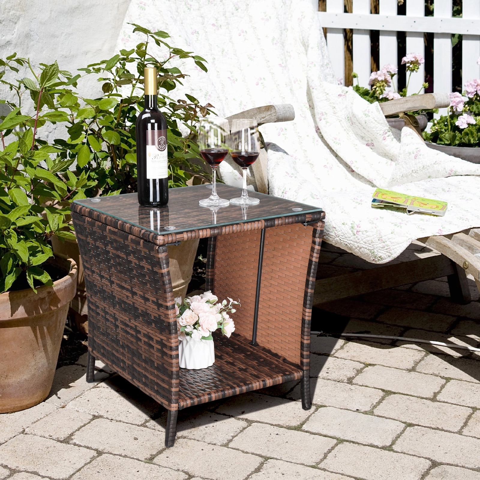 Ktaxon Side Table Porch Square Side Coffee Table with Glass Top, Rattan End Table for Outdoor and Indoor, Brown