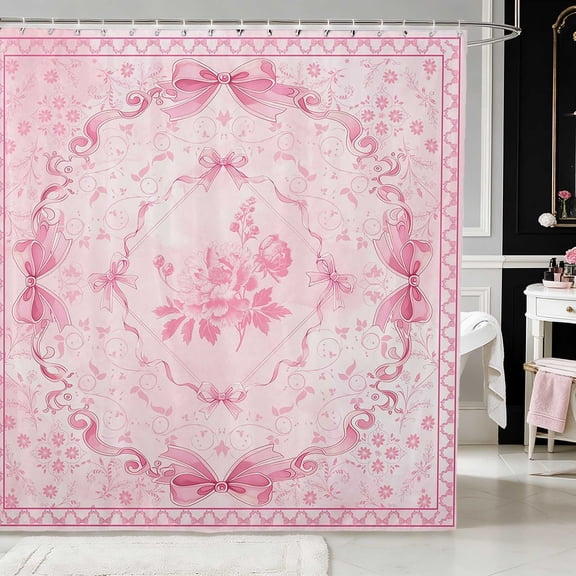 Erosebridal Vibrant Satin Bow Ribbon Shower Curtain 72Wx72L for Girls, Romantic Floral Print Waterproof Bathroom Curtain