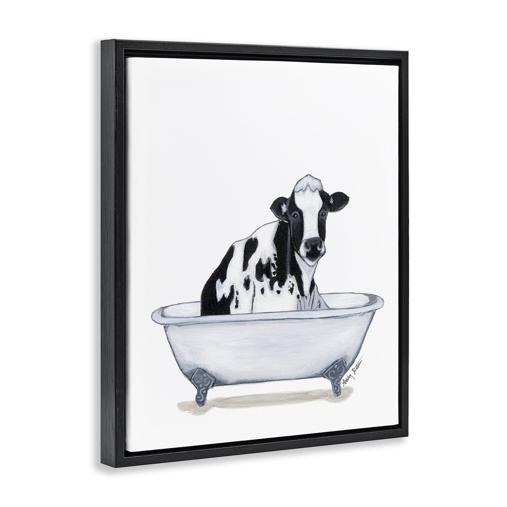 Stupell Industries Cow in Tub Sketch Bath & Laundry Painting Black Floater Framed Canvas Art Print Wall Art, 17 x 21