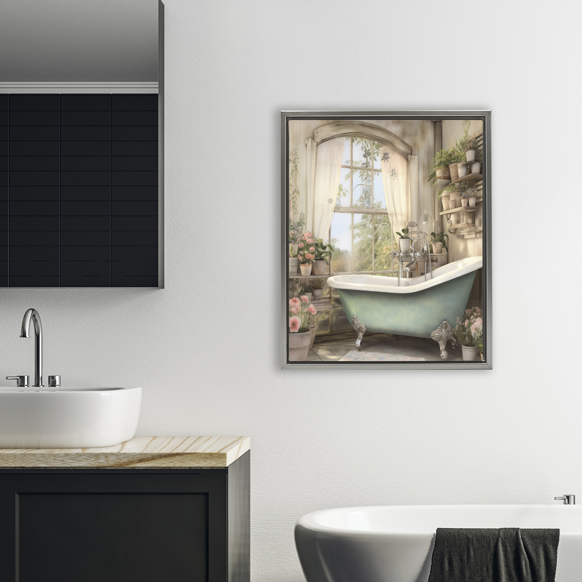 Bathroom with Floral Filled Shelves Gray Framed Floater Canvas Wall Art, design by Lettered and Lined