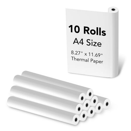 10 Rolls Thermal Paper (210mm/8.27" width/6m long, Φ1.18") Widely Compatible with Portable Thermal Printers, Quick-Dry A4 Thermal Printer Paper for Documents Picture Homework, 20 Sheets/Roll