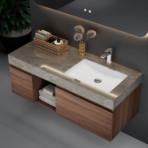 48 inch Floating Bathroom Vanity with Sink, Modern Wall Mounted Vanity Bathroom Storage Cabinet with Grey Sintered Stone Countertop, Ceramic Single Sink