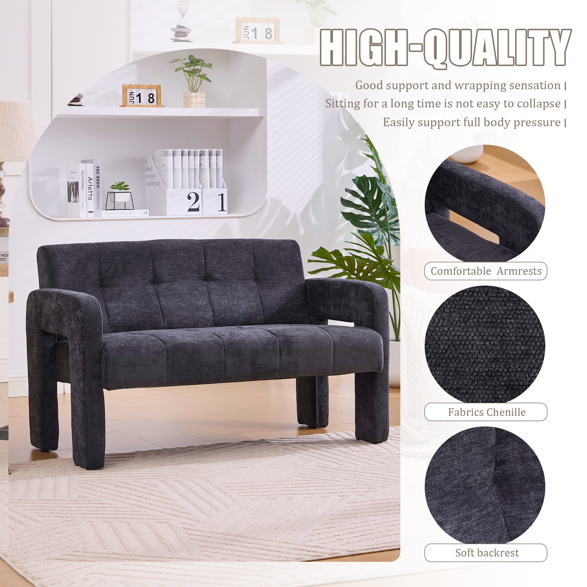 MOONMISS Chenille Upholstered Tufted Comfortable Wood Frame Loveseats Sofa with Dual Armrests-Black