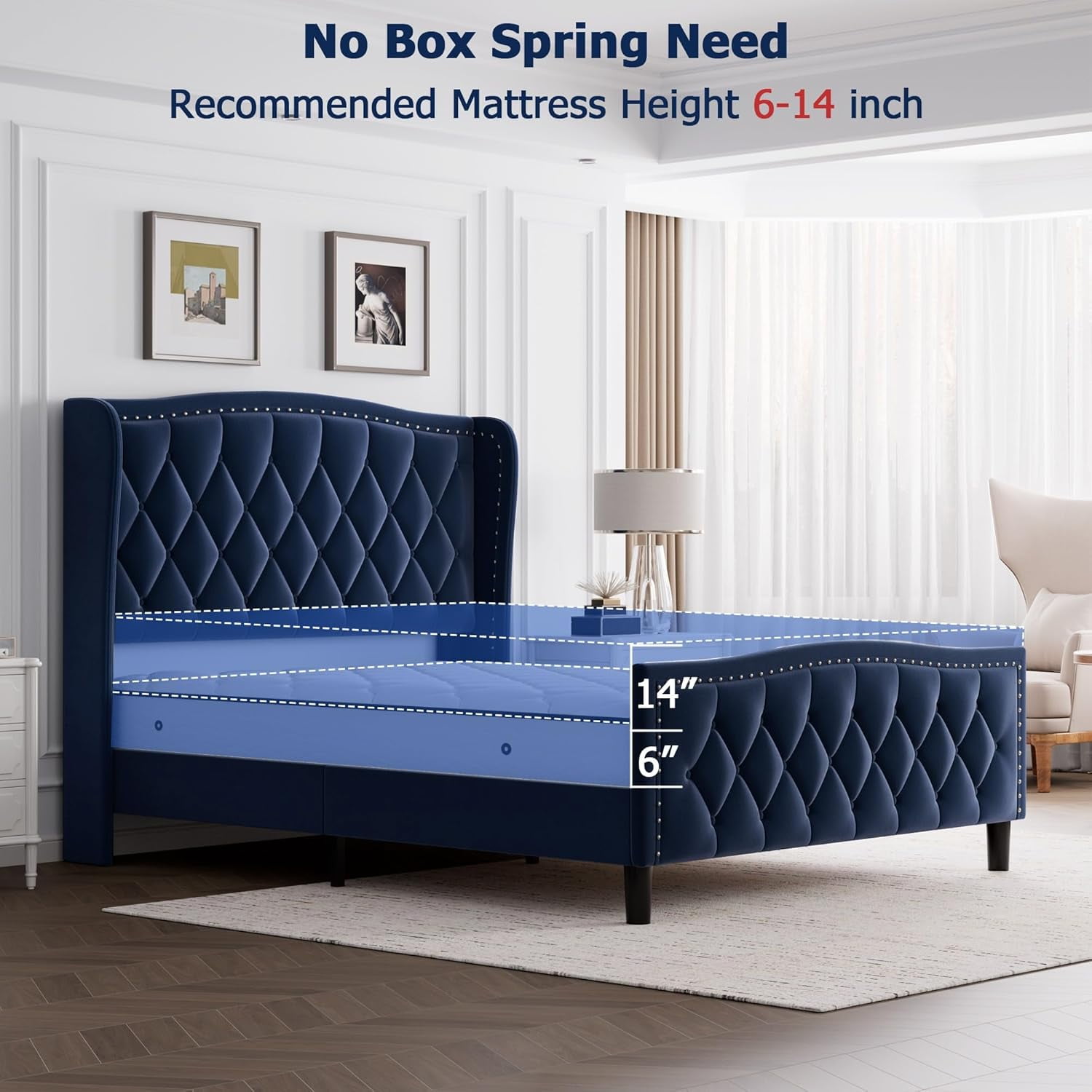 Garvee 49.21" Queen Size Platform Bed Frame, Wingback Headboard, Velvet Upholstered, Navy Blue