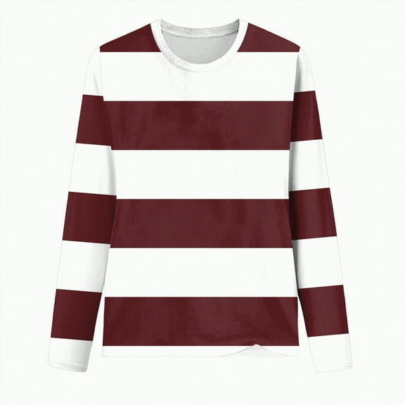 larppty Long Sleeve Tops for Women Lightweight Striped Shirts Fall Outfits 2025 Color Block Fashion Clothing Crewneck Tee Blouses (Wine, S)