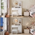 thumbnail image 3 of EDTara Lighted Round Mirror Vanity Desk, Small Makeup Table With Built-In Outlet, 4 Fabric Drawers and Three Shelves, 3 of 7