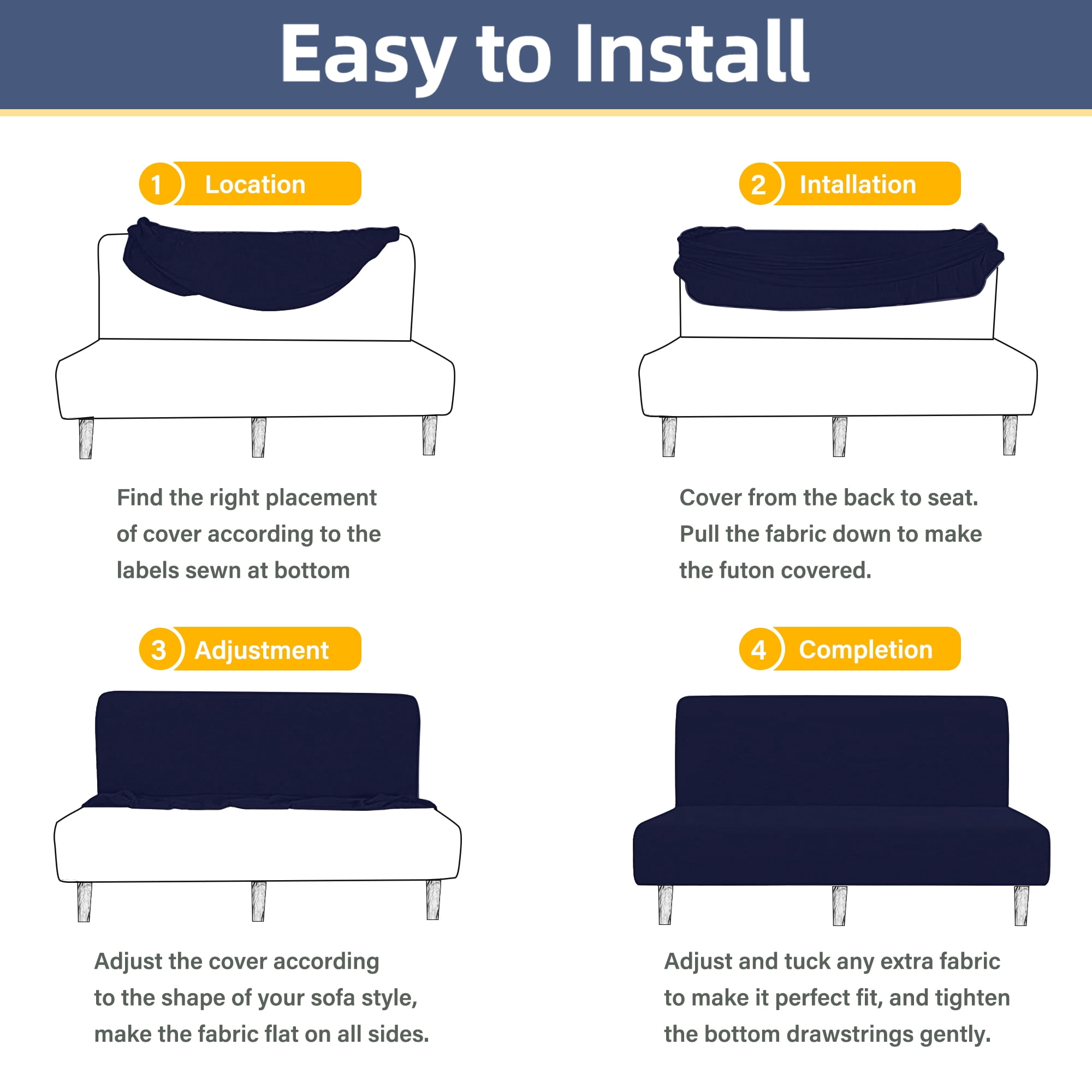 100% Waterproof Futon Cover, Leakproof Armless Sofa Slipcover, Stretch Jacquard Sofa Bed Cover Full Folding, Couch Furniture Protector for Kids, Pets, Dog and Cat (Medium, Navy)