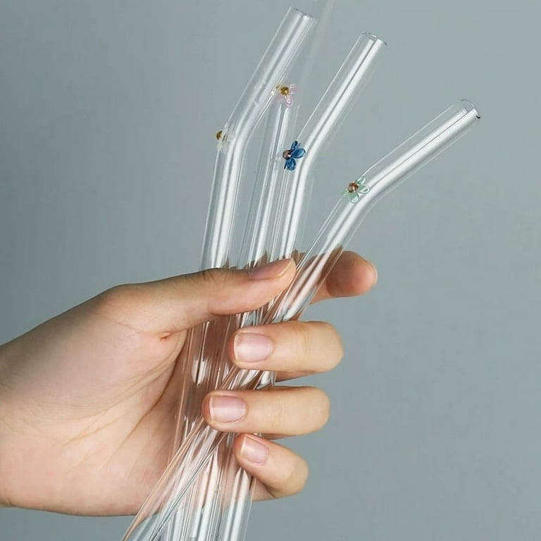 5 PCS Glass Straw with Flower Decor and Cleaning Brush for Milkshakes Juice  Easy to Wash Reusable Glass Straws Set Transparent 