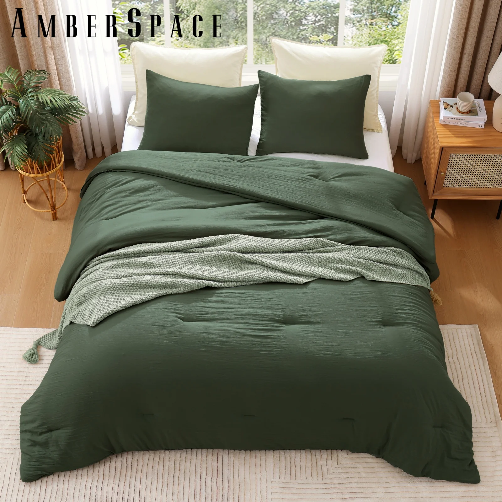 Amberspace Prewashed fabric 3-piece Bed in a Bag Comforter Set with Sheets,Deep Green,Full