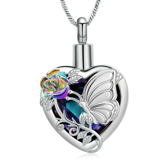 Butterfly&Rose Necklace Urn Cremation Jewelry for Ashes with Crystal Heart Urn Necklace Lockets for Human Ashes Pet Ashes Pendent for Ashes and Chain