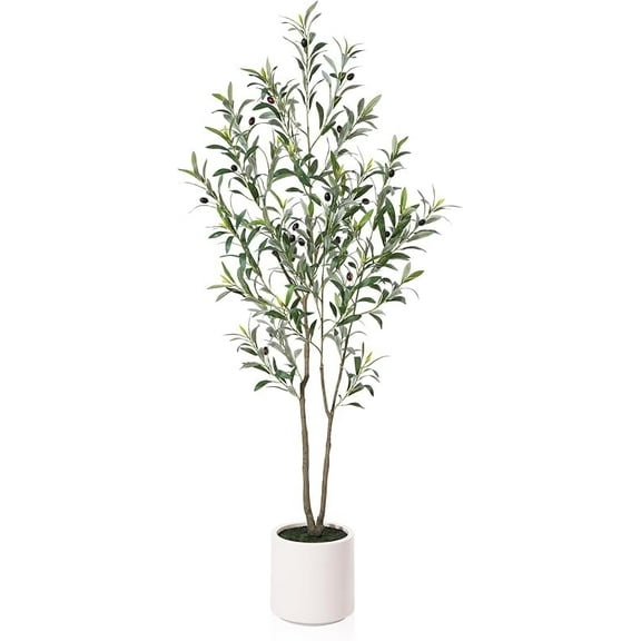 Ecoboom Artificial Olive Trees, 5 ft Tall Fake Olive Trees for Indoor, Faux Olive Silk Tree, Large Olive Plants with White Planter for Home Decor and Housewarming Gift, 1 Pack