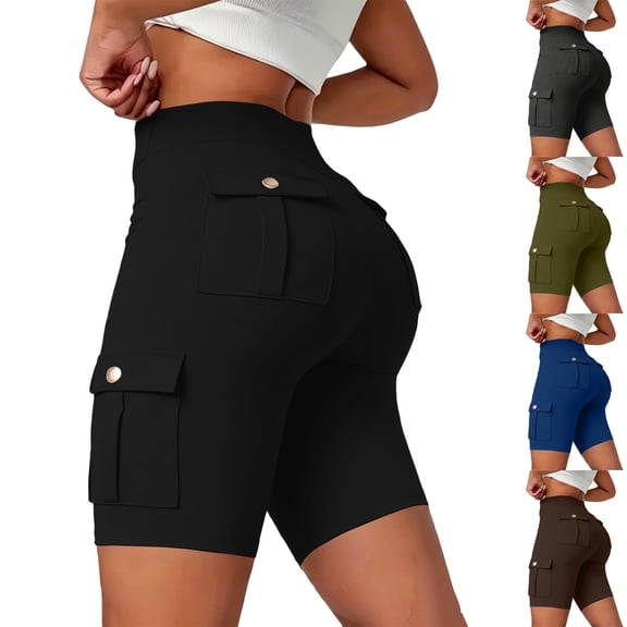 Biker Shorts Women Tummy Control Butt Lifting Athletic Yoga Shorts High Waist Gym Cargo Short Leggings with Pockets