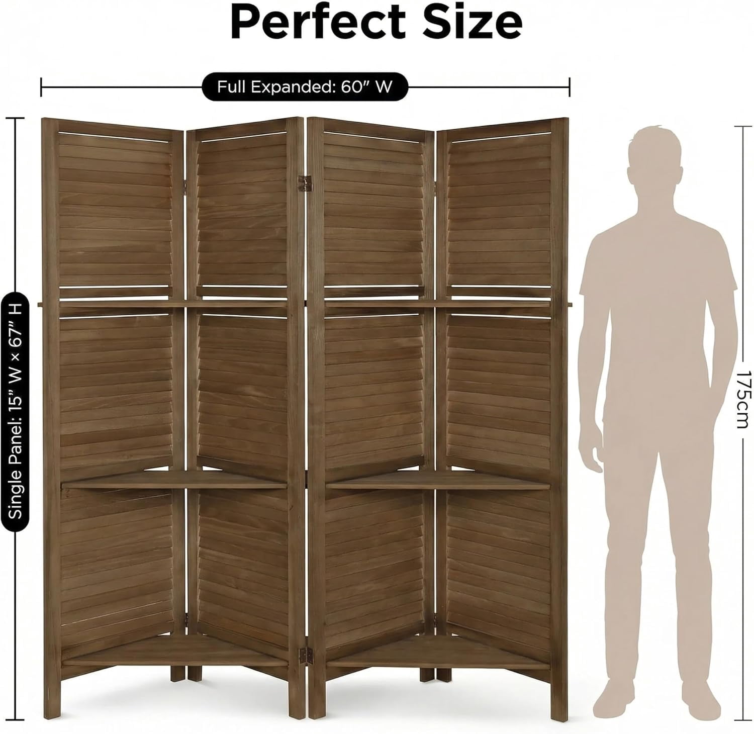 4 Panel Bamboo Room Divider with Shelves, Lightweight Privacy Screen for Bedroom Home Office, No Assembly Required