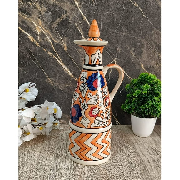 India Meets India Ceramic Bottle/Jug/Jar/Oil Dispenser [Orange] Ceramic Storage Bottle for Oil, Vinegar, Sauces, Ketchups, Ceramic Bottle w/ Lid, 25 OZ (750 ML)