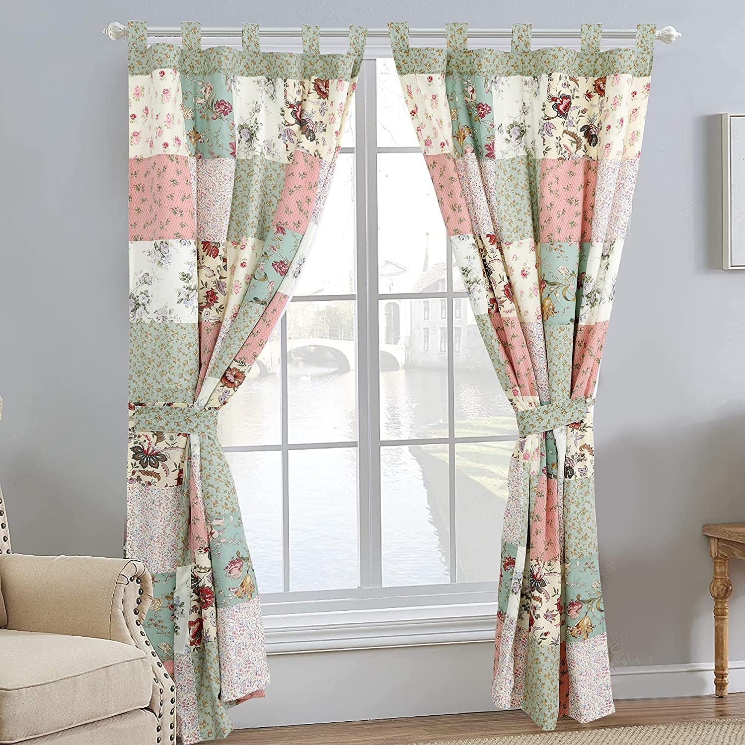 Cozy Line Home Fashions Floral Patchwork Blue Flowers Rod Pocket Light Filtering Curtains, 50" x 84" (2 Panels)