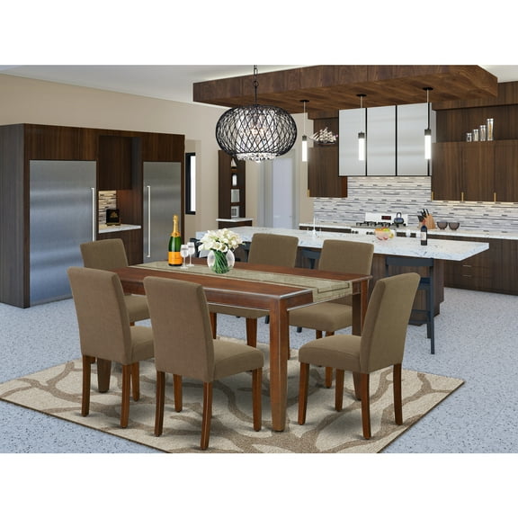 Rectangular Dining Table Set 7 Piece - 60 Inch Table & 6 Parsons Chairs - Mahogany & Linen Fabric