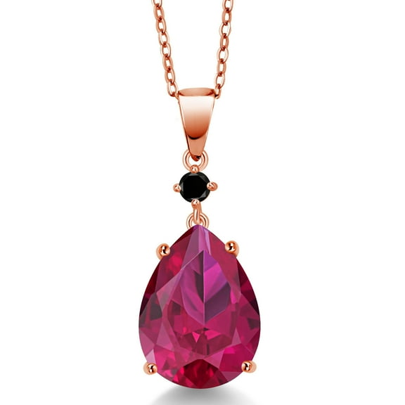 Gem Stone King 18K Rose Gold Plated Silver Red Created Ruby and Black Diamond  Pendant for Women (9.72 Cttw, Gemstone July Birthstone, Pear Shape 16X12MM)