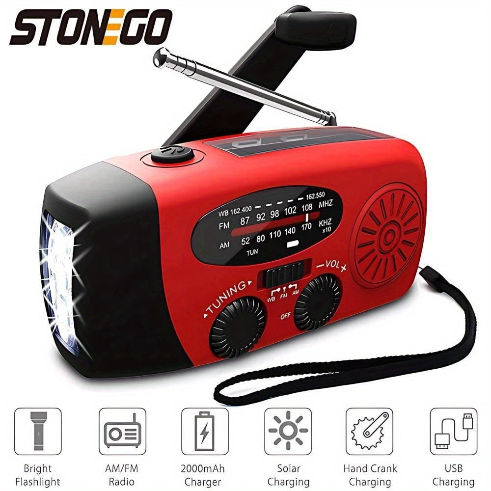 This versatile portable radio features a 2000mAh battery, is powered by a hand crank and solar power, supports USB charging, features FM, AM, WB, NOAA weather radio, and comes with an emergency LED fl