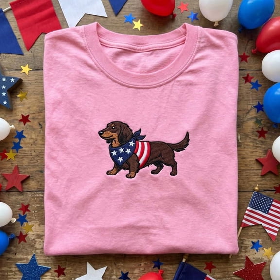 Long Haired Dachshund Patriotic Shirt, Embroidered Doxie American Flag T-Shirt, 4th of July Wiener Dog, Dachshund Mom Tee